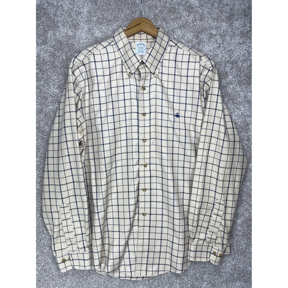 Brooks Brothers Non-Iron Supima Cotton Shirt Mens XL Cream Tattersall Check Logo
